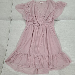 Andree by Unit Shimmer Pink Faux Wrap Ruffle Mini Dress Size Large Cinched Waist